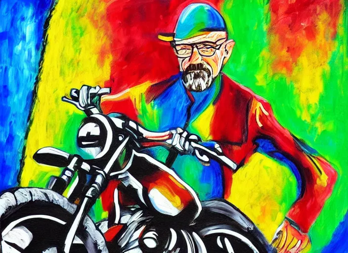 Prompt: expressionist painting of walter white on a motorbike, dynamic perspective, expressionist, colorful, clean, close up