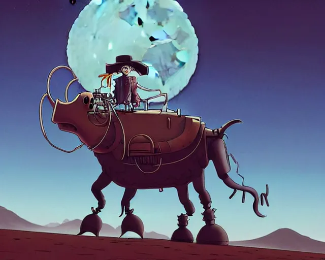 Prompt: a cell shaded cartoon grey lovecraftian mechanized bull from howl's moving castle ( 2 0 0 4 ), with a big head, on a desert road, wide shot, in front of a big moon, muted colors, post grunge, josan gonzales, wlop, by james jean, victor ngai, hq, deviantart, art by artgem