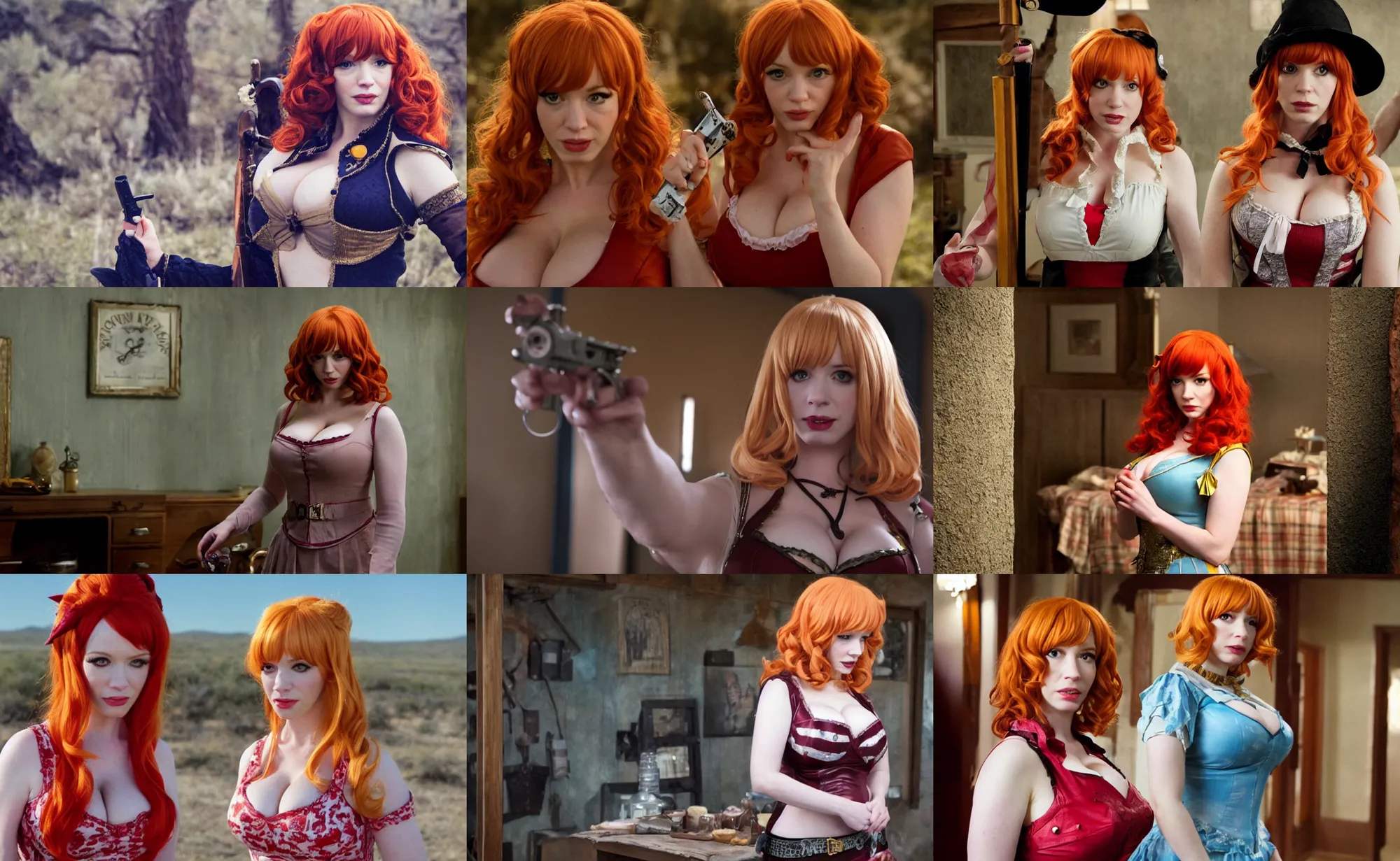 Prompt: movie still of christina hendricks cosplaying as lucy heartfilia from fairy tail, in no country for old men, directed by joel coen