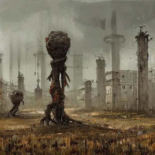 Image similar to painting of a abandoned post soviet town infested with humanoid root monsters by jakub rozalski