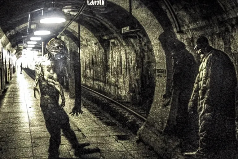 Image similar to very large giant mutant zombie irradiated an infected with cancer ( angry rat ) staying on railways in tonnel of moscow subway. extreme high detail, very realistic. low dark light, scary mood.