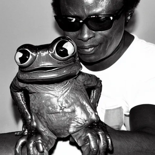 Image similar to miles davis petting pepe the frog, photography