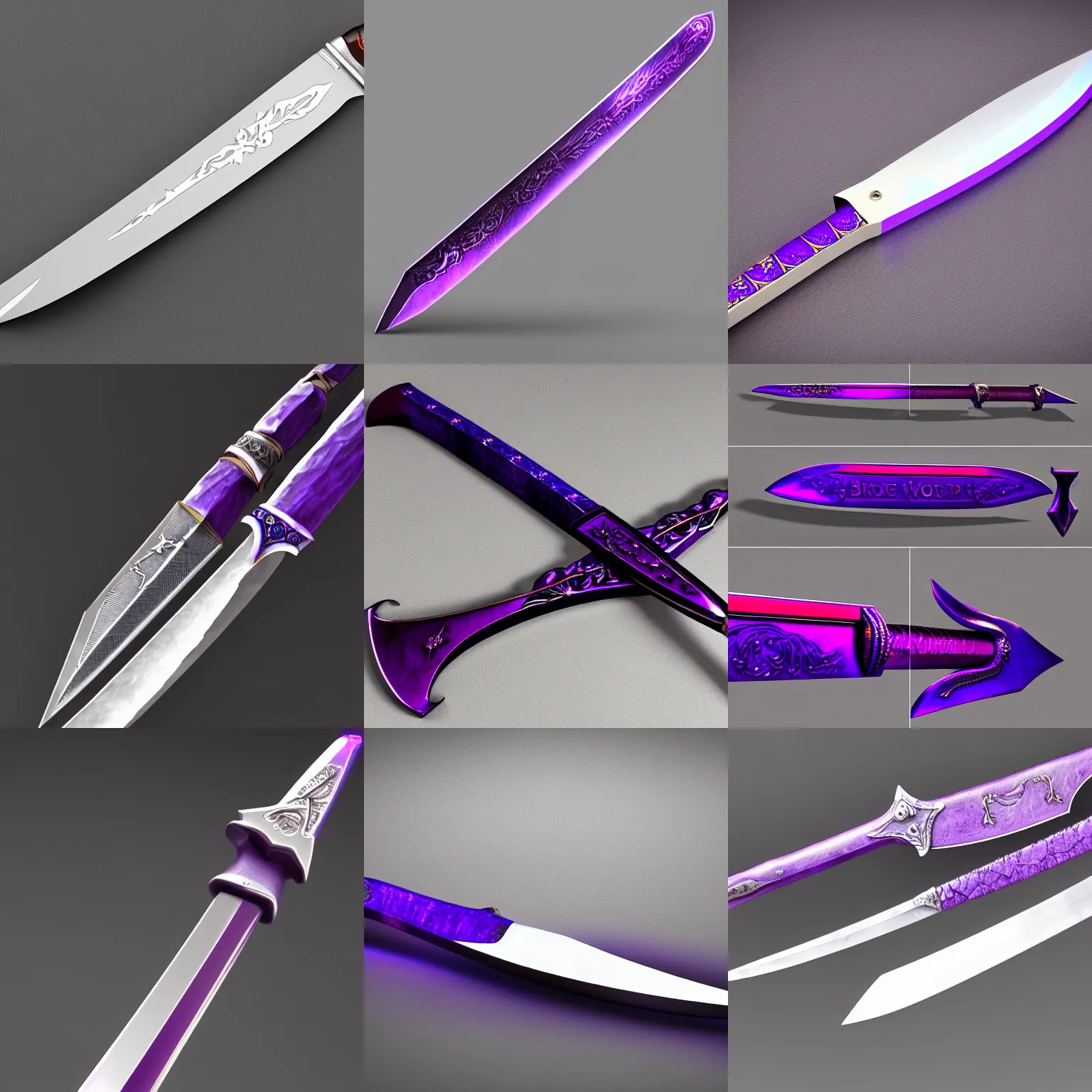 Prompt: european broad sword, purple glowing inscription on the blade, 8 k, 4 k, unreal, octane render