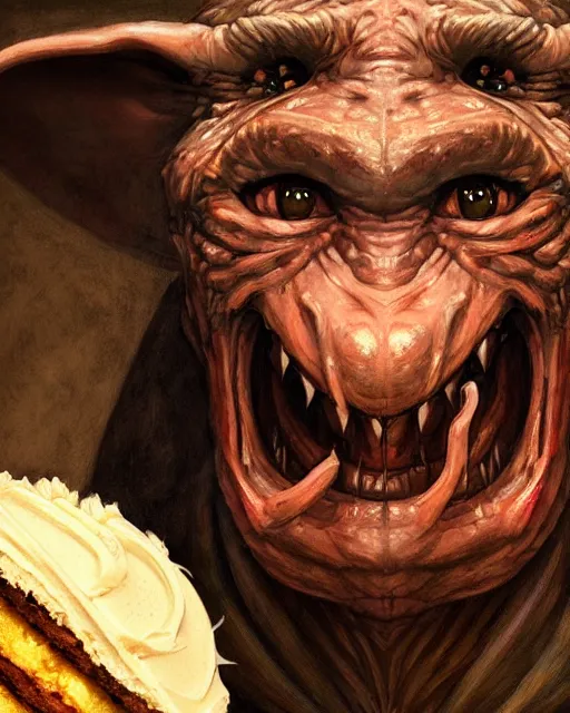 Image similar to closeup profile face portrait of a medieval goblin eating cakes in the cathedral, beautiful face, hyper realistic, highly detailed, digital painting, artstation, illustration, concept art by hyung tae, frank frazetta, bosch, giger, digital paint, matte paint, washed colors, dark, gloomy, detailed and intricate environment