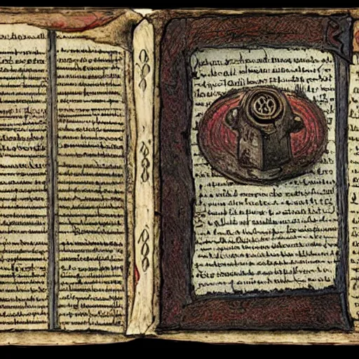 Image similar to 350z in medieval grimoire tome, neural networks, vintage look, weathered pages, spells, demons, high detail,