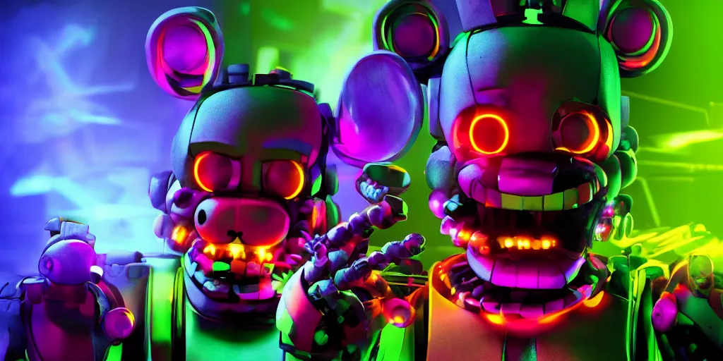 Image similar to fnaf freddy, cyberpunk, rgb, neon, hd, cinematic,