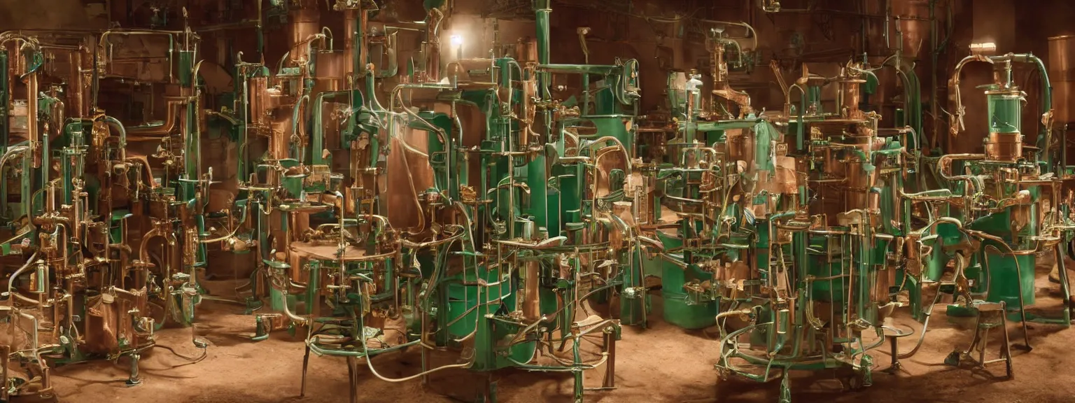 Image similar to a super high resolution film still of machine apparatus for making snake oil, huge copper machine fed by a hopper of snakes, purple and green pipework, directed by denis villeneuve, 8 k, snake machine, cinematic lighting