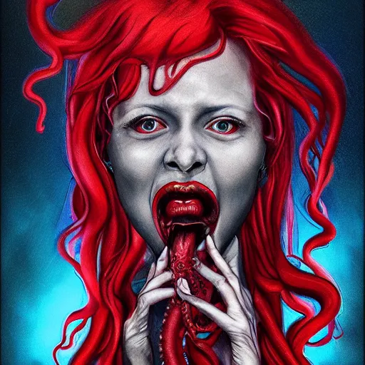 Image similar to highly photorealistic expired fuji film portrait of woman with long tentacled red tongue combined with stranger creatures, in the style of frank bairstow, artgerm, imax quality, 8 k, award winning photography