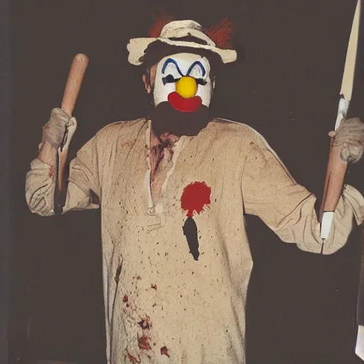 Image similar to a beige clown holding a machete, 3 5 mm film