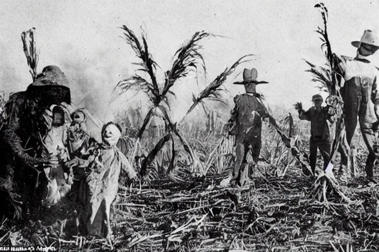 Image similar to disturbing scarecrow from the early 1 9 0 0's burning down the cornfields with a group of children