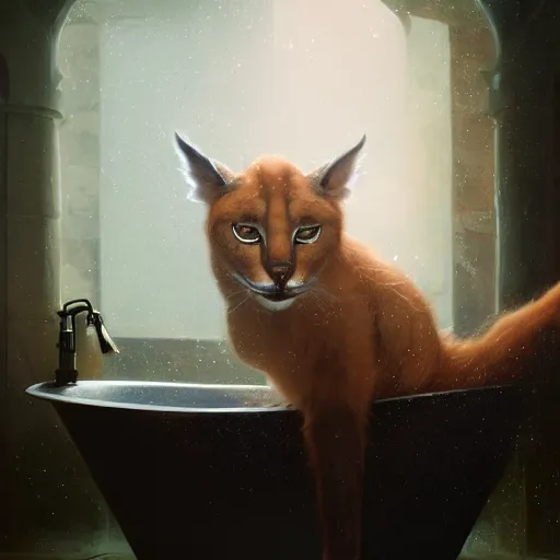 Image similar to fluffy cute caracal in a bathtub, fullbody, ultra high detailed, glowing lights, oil painting, Greg Rutkowski, Charlie Bowater, Beeple, unreal 5, DAZ, hyperrealistic, octane render, RPG portrait, dynamic lighting, fantasy art, beautiful face