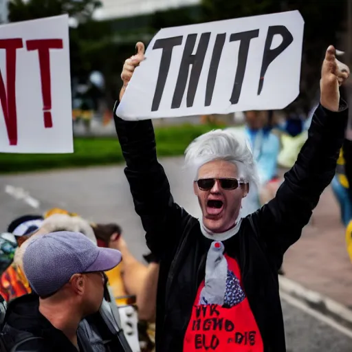 Prompt: a crazy protester holding a sign that says 😡