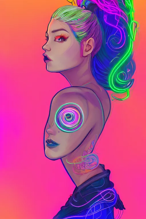 Image similar to a award winning portrait of a beautiful woman with stunning eyes in a one off shoulder croptop and cargo pants with rainbow colored hair, outlined by whirling illuminated neon lines and fine lines swirling in circles by lois van baarle, digital art, trending on artstation