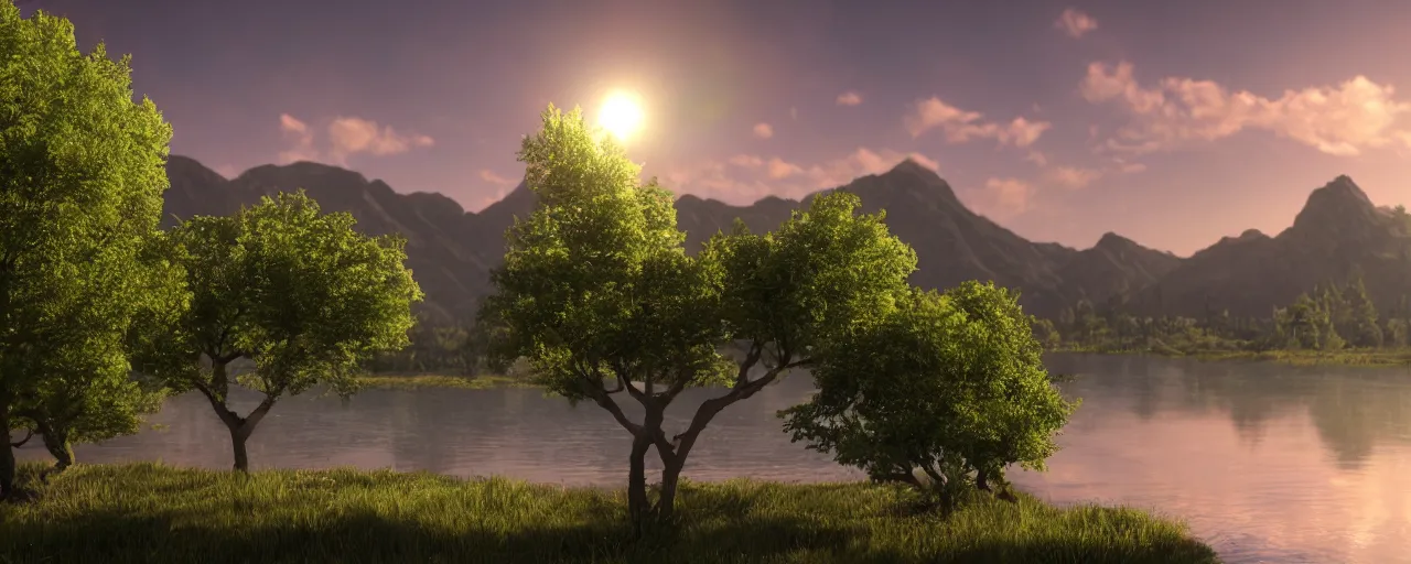 Image similar to big realistic tree near to a river on sunset with reflection on the leaves and mountains in the background, landscape, extremely high fidelity, 8 k, super resolution, concept art, cinematic view, super resolution, unreal engine 5, perspective 3 d octane render, light rays, lens flare, epic, hyperdetailed