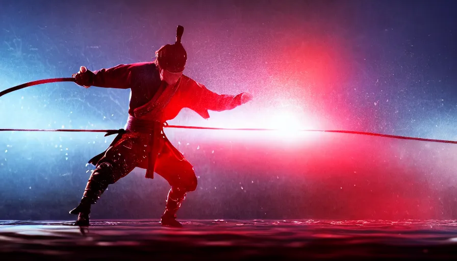 Samurai Ninja warrior in glowing lake, splashing water