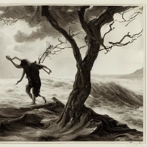 Image similar to The drawing shows a man caught in a storm, buffeted by wind and rain. He clings to a tree for support, but the tree is bent nearly double by the force of the storm. The man's clothing is soaked through and his hair is plastered to his head. His face is contorted with fear and effort. by William Trost Richards natural