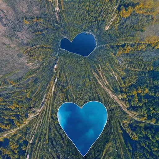 Image similar to Photo of a hot air balloon flying above a reflective mountain lake, the lake has two black swans swimming, touching heads, forming a heart with their necks, beautiful, High resolution photo, intricate, 8k highly professionally detailed, HDR, CGsociety, render