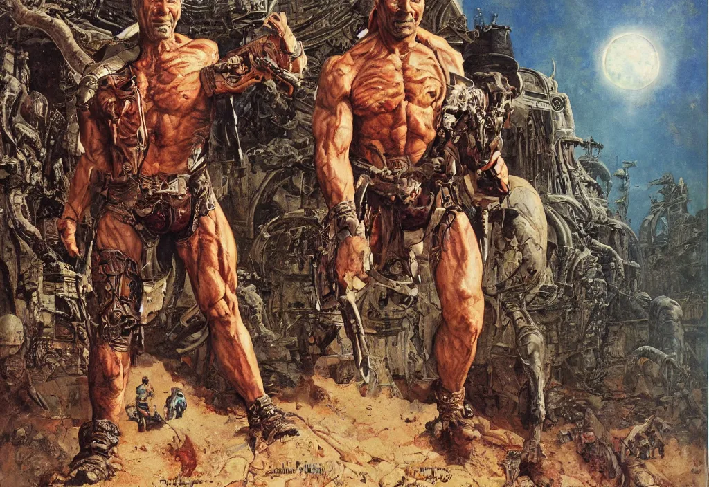 Image similar to older dave bautista as a scfi warrior exploring an alien temple, by norman rockwell and james gurney and tom lovell and boris vallejo