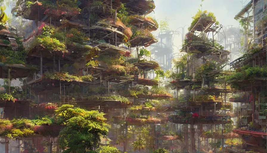 Prompt: craig mullins and ghibli digital illustration tall vertical farms, hydroponics, solarpunk, colorful, unreal engine, hyper realism, realistic shading, cinematic composition, realistic render, octane render, detailed textures, photorealistic, wide shot