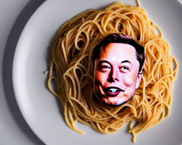 Image similar to elon musk face in a plate of spaghetti, dof and bokeh