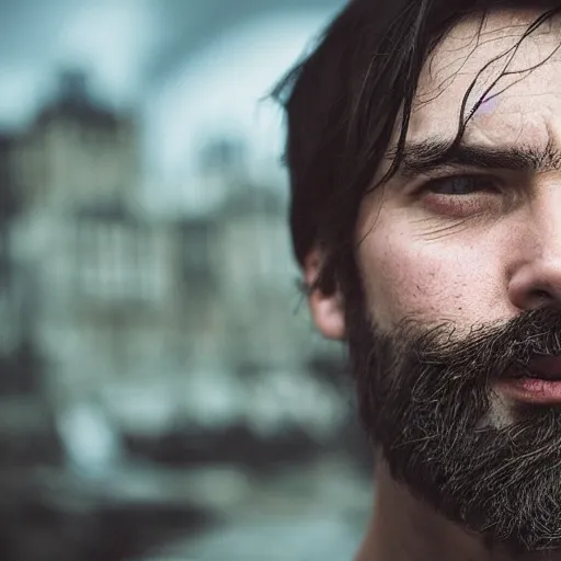 Prompt: A detailed portrait of a dignified man's face by Alessio Albi. He has unblemished pale skin. He has black hair, blue eyes, short black hair, and short black goatee. He is thin and in his late forties. Medieval city as the background