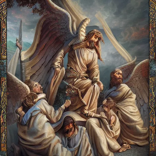 Image similar to angels protecting a praying man very highly detailed, award winning, trending on artstation, 4K UHD image