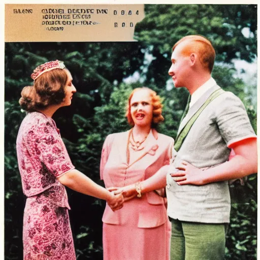 Image similar to a extreme long medium full shot, german and eastern european mixture kodachrome slide depicting a queen with tan skin, short, rippling dark cinnamon hair, and emerald coloured eyes, having a meeting with the prime minister. she is depicted in a vintage historical fantasy 1 9 3 2 life magazine photograph wearing a pink dress with floral patterns and green jewelry.