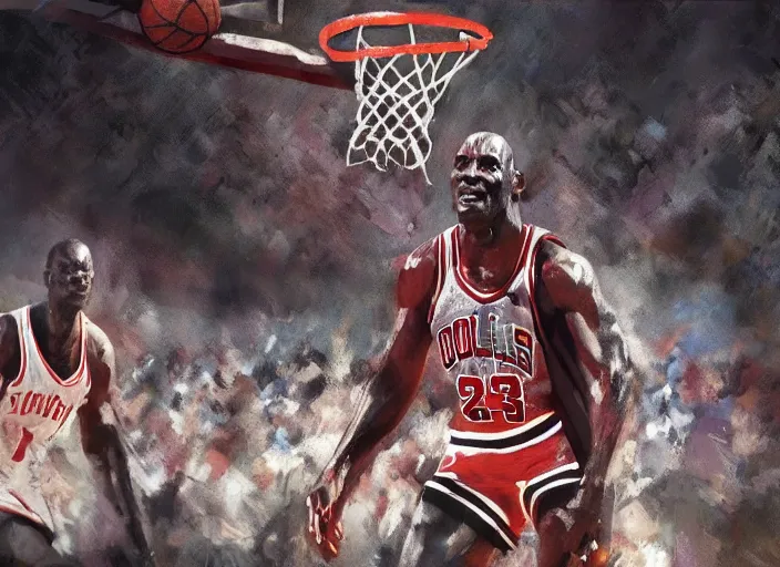 Image similar to environmental portrait of Michael Jordan at a basketball stadium, NBA Finals, concept art by Craig Mullins, masterpiece, highly detailed and ultra realistic, trending on artstation