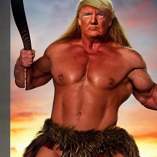 Prompt: shirtless muscular donald trump as conan the barbarian