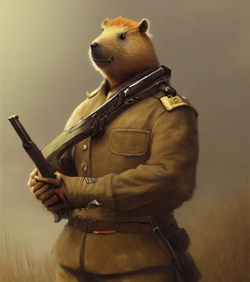 Prompt: anthropomorphic capybarq, capybara as a war general in a commander outfit, holding a large wooden stocked rifle, in the style of greg rutkowski, symetrical, oryantalist, photo realistic, 8k, epic, ultra detailed, by Gustave Doré, by Marco Turini, by Artgerm, Deviantart in the style of Tom Bagshaw, Cedric Peyravernay, Peter Mohrbacher by William-Adolphe Bouguereau, by frank frazetta, symetrical features, joyful