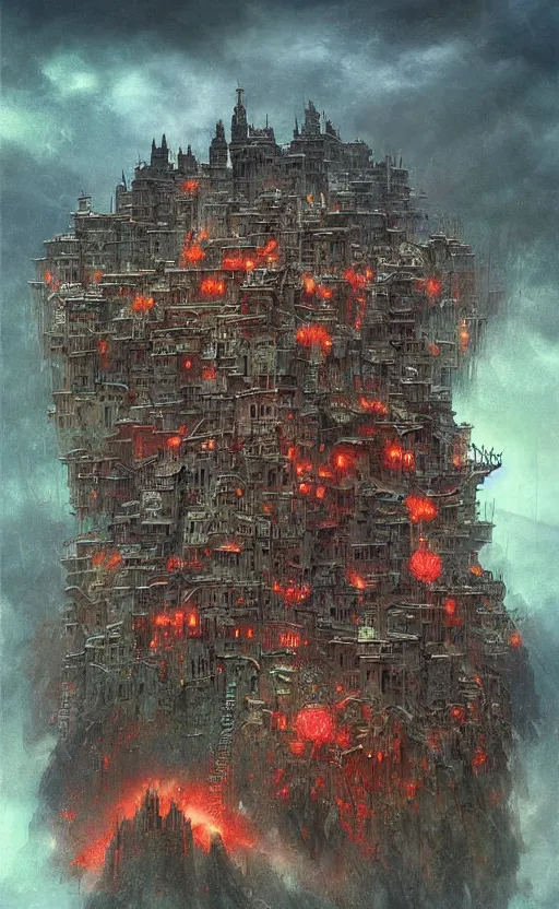 Prompt: an digital art of wild magic hex storm that destroys medieval fantasy city in style of zdislaw beksinski