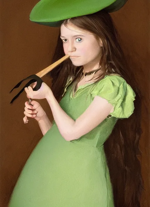 Prompt: a portrait of tiffany aching, an eleven year old girl with brown hair in a ponytail. she is wearing a simple light green dress with an addition and a black pointed witch hat. she is holding a frying pan beautiful painting with highly detailed face by greg rutkowski and magali villanueve