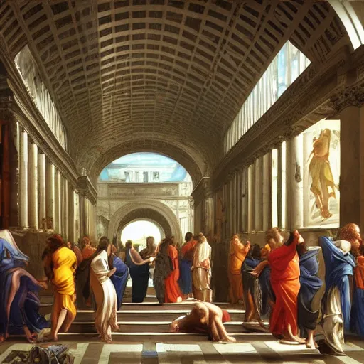 Image similar to cyberpunk the school of athens, iconic paiting, concept art, art, hyper detailed, intricate, 8 k, illustration