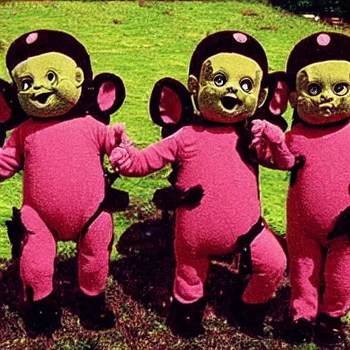 Prompt: gothic teletubbies. disturbing. folk horror