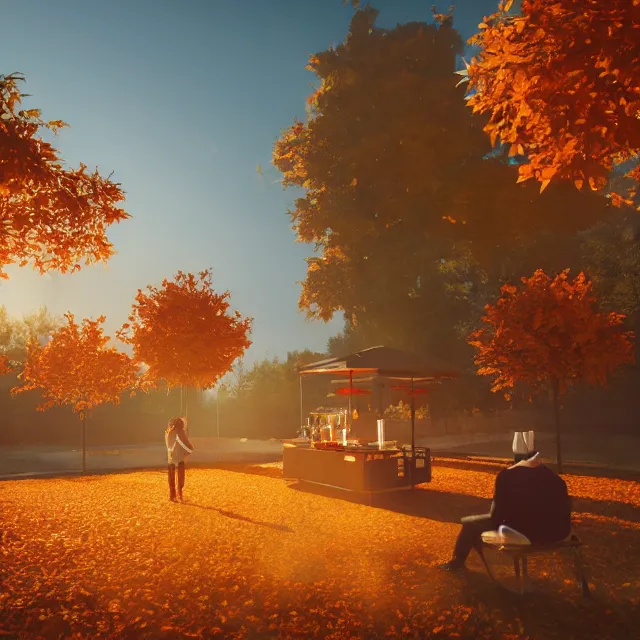 Prompt: pumpkin headed people ordering coffee at a coffee stand, red maple trees with fall foliage, volumetric, realistic, cinematic lighting, ray tracing, unreal engine 5, octane render, hyper realistic, photo, 8 k