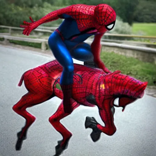 Image similar to spiderman riding a horse