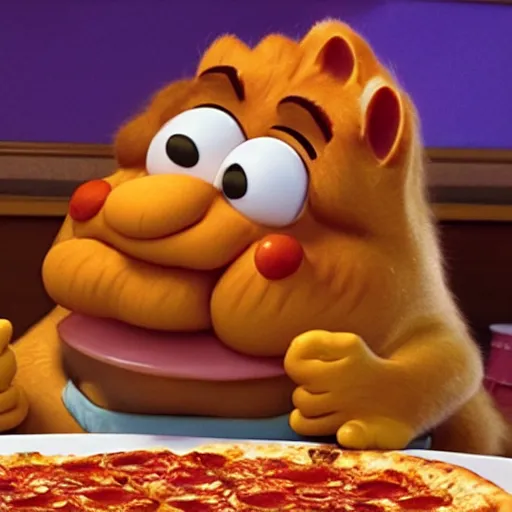 Image similar to film still of garfield eating pizza movie 4 k, pixar style