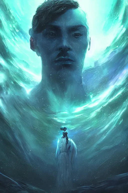 Image similar to a fancy portrait of a small celestial inside of a blue and green portal to another dimension by greg rutkowski, sung choi, mitchell mohrhauser, maciej kuciara, johnson ting, maxim verehin, peter konig, bloodborne, 8 k photorealistic, cinematic lighting, hd, high details, dramatic, dark atmosphere, trending on artstation