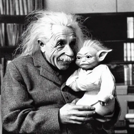 Image similar to photo of Einstein teaching baby Yoda mathematics