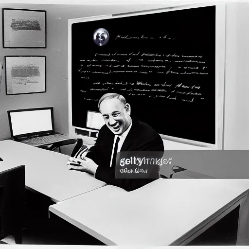 Image similar to benjamin netanyahu laughing at computer screen, in office, alone, black background, by norman rockwell