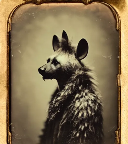 Prompt: professional studio photo portrait of anthro anthropomorphic spotted hyena head animal person fursona smug smiling wearing crown elaborate pompous royal king robes clothes degraded medium by Louis Daguerre daguerreotype tintype