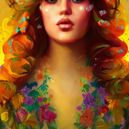 Image similar to colorful and festive captivating young plus size hispanic woman, brown long hair with bangs, wearing yellow floral blouse. full body, rich vivid colors, ambient lighting, dynamic lighting, 4 k, atmospheric lighting, painted, intricate, highly detailed by charlie bowater