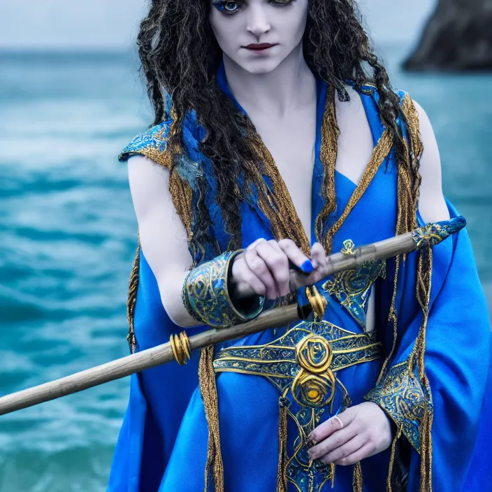 Image similar to photograph of a real-life beautiful elemental water witch with ornate blue robes and staff. Extremely detailed. 8k