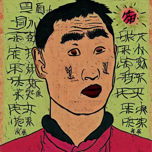 Image similar to a uyghur man in a prison, in the style of daniel johnston and outsider art, 4k, overlaid with chinese text