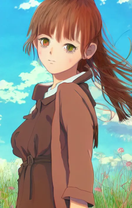 Image similar to a colorful scene of a girl with brown hair, anime, detailed background, female, trending on artstation, by studio ghibli