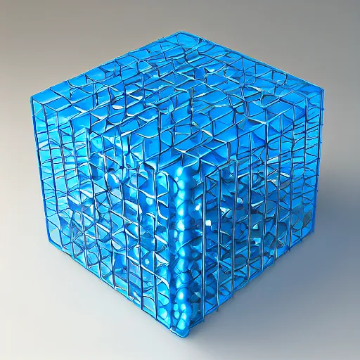 Prompt: cube made out of blue marbles and steel rods, open structure, octane render, studio photo