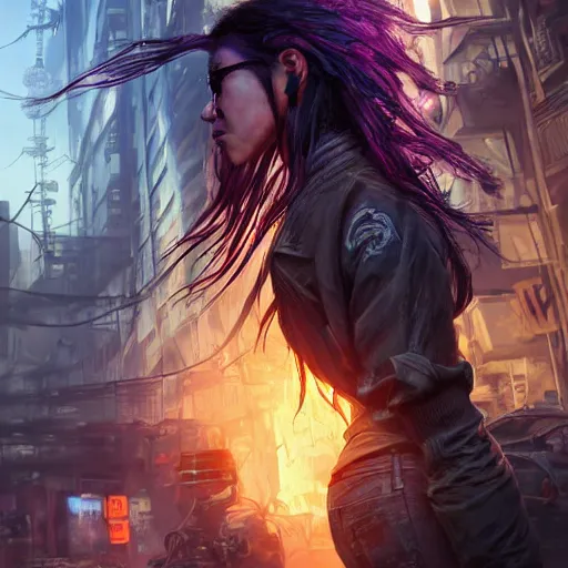 Image similar to portrait painting of a street samurai with long purple hair riding a motorcycle through a burning cyberpunk slum, glitchwave, ultra realistic, concept art, intricate details, eerie, highly detailed, photorealistic, octane render, 8 k, unreal engine. art by artgerm and greg rutkowski