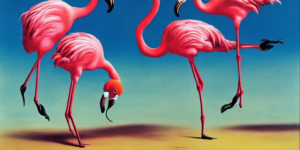 Prompt: Pair of dancing flamingos with a flying egg, oil painting by Salvador Dali.