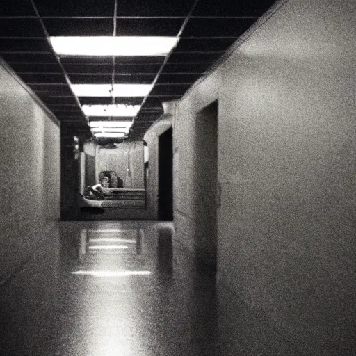 Prompt: dolly zoom stretch shot of a impossibly long hallway, moody lighting, smoke effects, strobe lights, particle effects, atmospheric - h 6 4 0