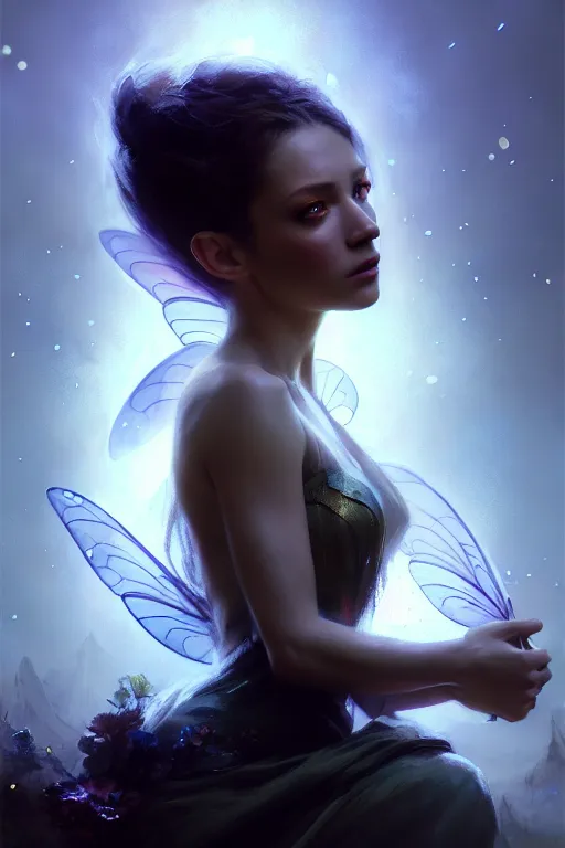 Image similar to cinematic shot of an epic portrait of a fairy dressed in military clothes, shiny skin, beautiful eyes, beautiful, small details, night setting, realistic poster with volumetric light from craig mallism, artgerm, jeremy lipkin and michael garmash, unreal engine, radiant light, detailed and complex environment, digital art, trends at art station, a masterpiece